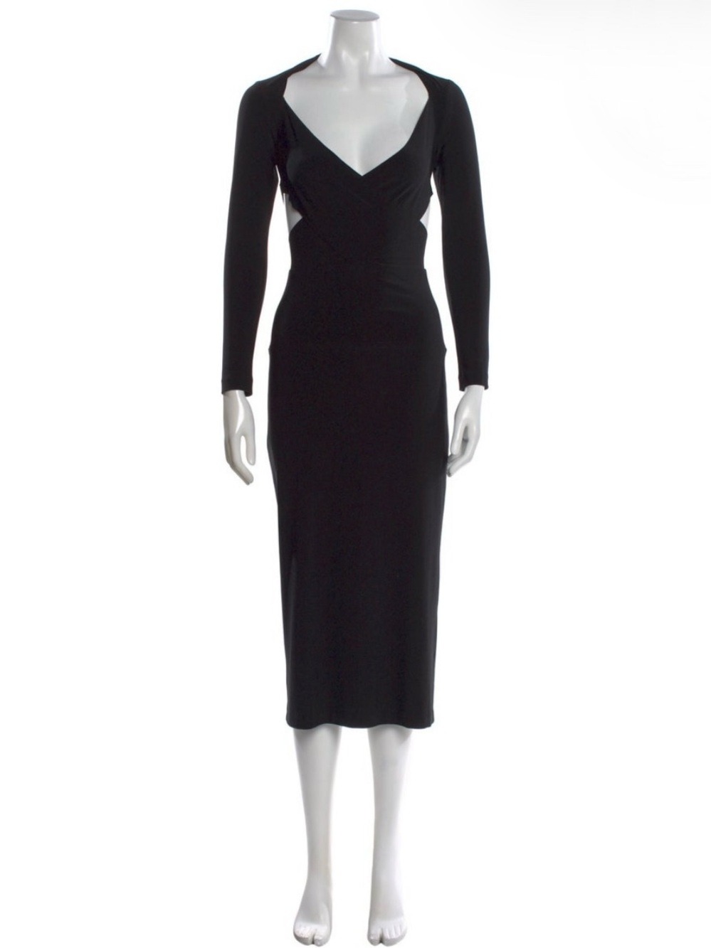 Norma Kamali Black Long-Sleeve V-Neck Midi Sheath Dress